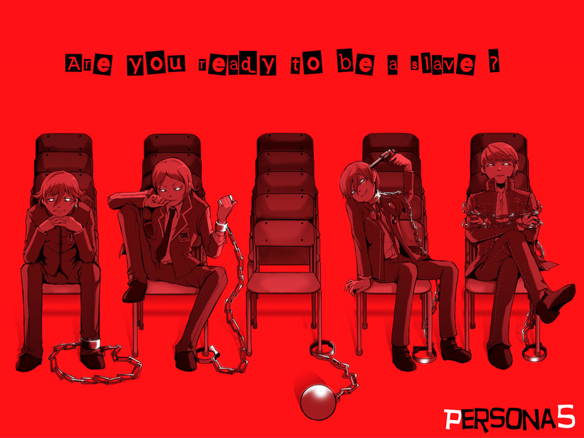 absurdres ball_and_chain_restraint chain chair crossover dark_persona earrings english glowing glowing_eyes gun gun_to_head handgun headphones highres holding holding_gun holding_weapon jewelry male_focus multiple_boys narukami_yuu necktie persona persona_1 persona_2 persona_3 persona_4 persona_5 red_background revolver school_uniform short_hair suou_tatsuya tokiwa_(mukoku) toudou_naoya weapon yuuki_makoto