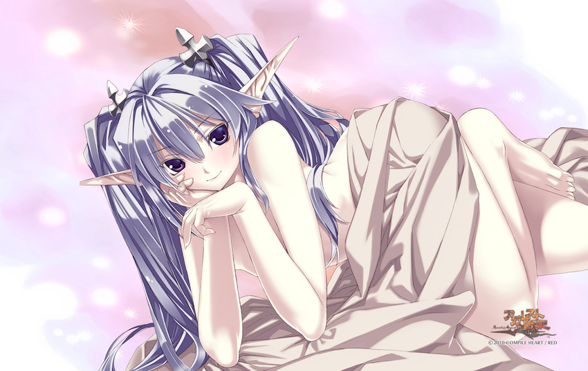 2010 agarest_senki agarest_senki_(series) barefoot blanket colored_eyelashes company_name copyright_name dutch_angle full_body fyuria_(agarest_senki) hair_ornament hairpin head_rest highres hirano_katsuyuki long_hair long_pointy_ears lying nude official_art on_side pale_skin pink_background pointy_ears purple_eyes silver_hair smile solo twintails wallpaper