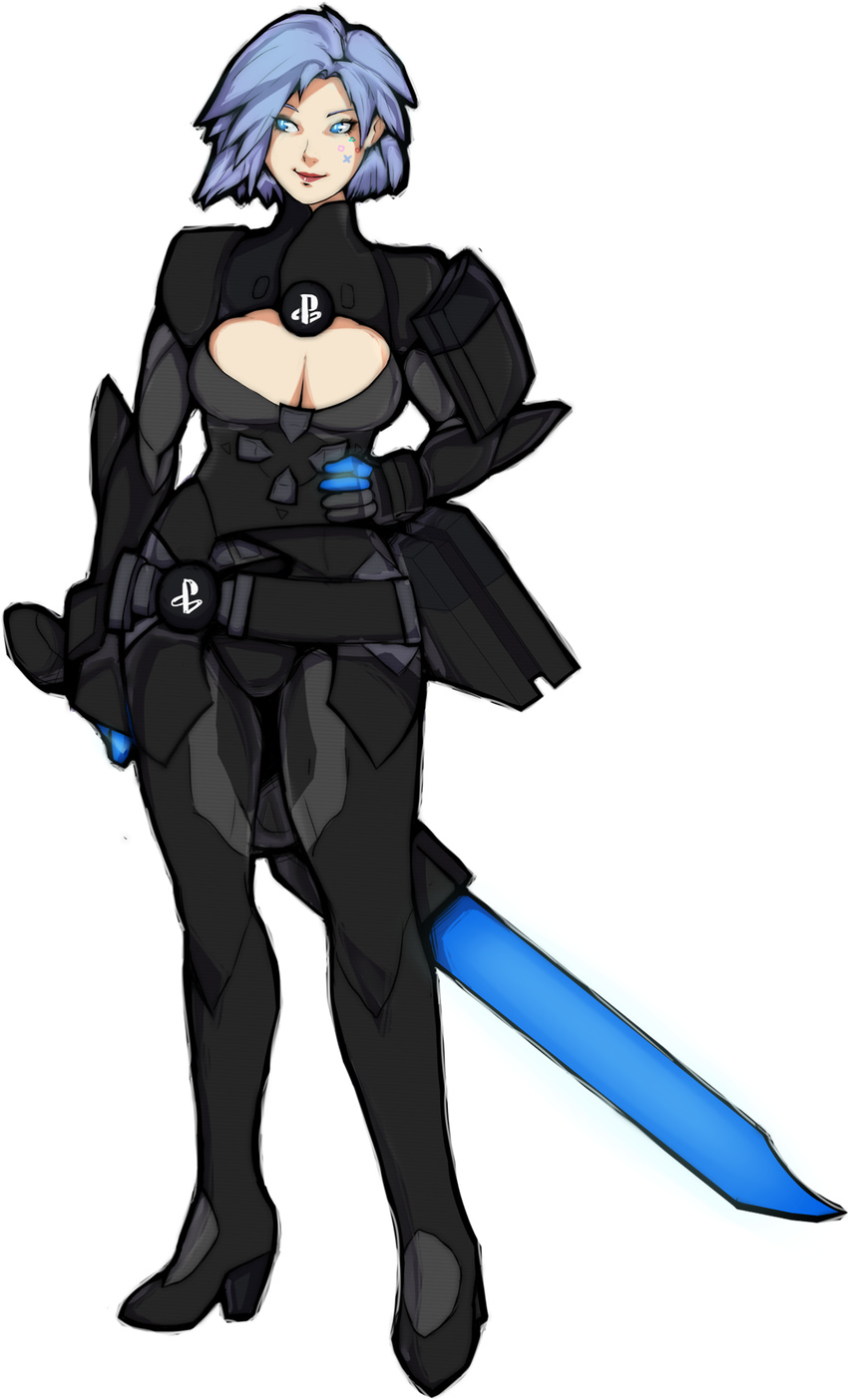 antiheld bad_id bad_tumblr_id blue_eyes bodysuit breasts cleavage cleavage_cutout facial_tattoo game_console glowing glowing_sword glowing_weapon hand_on_hip highres large_breasts original personification playstation_4 short_hair silver_hair smile solo sony sword tattoo weapon