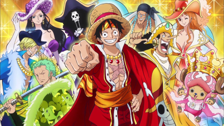 brook franky hat monkey_d_luffy multiple_boys multiple_girls nami nami_(one_piece) nico_robin oda_eiichirou official_art one_piece roronoa_zoro sanji scar skeleton straw_hat tony_tony_chopper usopp weapon