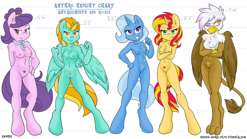 ambris anthro anthrofied avian blonde_hair blue_eyes breasts cleavage clothed clothing english_text equestria_girls equine female friendship_is_magic gilda_(mlp) group gryphon hair height_chart horn horse lightning_dust_(mlp) mammal my_little_pony navel nude pegasus pony pubes purple_eyes purple_hair pussy red_hair size_chart standing sunset_shimmer_(eg) suri_polomare_(mlp) text trixie_(mlp) two_tone_hair underwear unicorn wings yellow_eyes