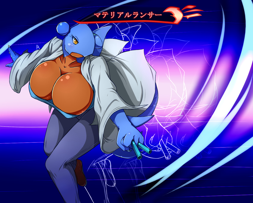 abstract_background anthro anthrofied big_breasts breasts claws cleavage clothed clothing coat day-t dragon female gabite garchomp huge_breasts japanese_text jeans lab_coat nintendo pok&#233;mon pok&eacute;mon scalie shoes solo test_tube text translation_request video_games yellow_eyes
