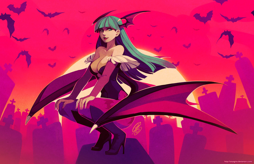 animal_print bare_shoulders bat_print bat_wings boots breasts bridal_gauntlets cleavage demon_girl gina_chacon green_hair head_wings large_breasts long_hair morrigan_aensland pantyhose print_legwear solo succubus vampire_(game) wings