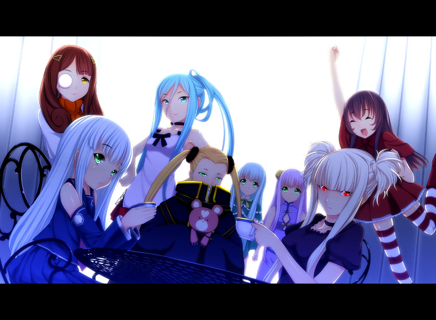 aoki_hagane_no_arpeggio blonde_hair blue_eyes blue_hair brown_hair chinese_clothes choker closed_eyes cup glasses green_eyes green_hair hair_ornament hairclip haruna_(aoki_hagane_no_arpeggio) hyuuga_(aoki_hagane_no_arpeggio) i-400_(aoki_hagane_no_arpeggio) i-402_(aoki_hagane_no_arpeggio) iona kirishima_(aoki_hagane_no_arpeggio) kiyomin kongou_(aoki_hagane_no_arpeggio) lipstick looking_at_viewer makeup maya_(aoki_hagane_no_arpeggio) monocle multiple_girls opaque_glasses pink_hair ponytail red_eyes ribbon sitting smile striped striped_legwear stuffed_animal stuffed_toy takao_(aoki_hagane_no_arpeggio) teacup teddy_bear thighhighs twintails white_hair yellow_eyes yotarou_(aoki_hagane_no_arpeggio)