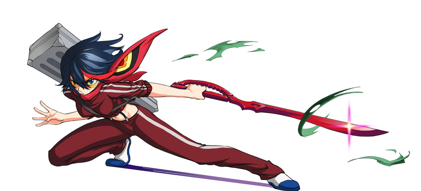 alternate_costume bad_id bad_pixiv_id black_hair blue_eyes breasts cropped_jacket frown highres jacket kill_la_kill matoi_ryuuko medium_breasts midriff multicolored_hair navel red_hair scarf scissor_blade senketsu senketsu_(scarf) shooting_glasses short_hair spoilers suspenders sword track_jacket two-tone_hair weapon yellowfish