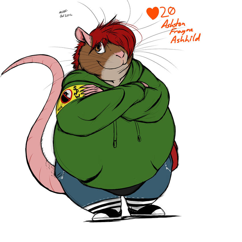 anthro ashton_f_ashhild balls big_balls brown_fur brown_rat chubby dyed_hair fur hair hoodie invalid_tag jeans large_scrotum mammal obese overweight rat red_hair riis rodent solo striped_socks sweater