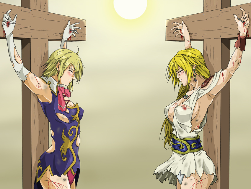 2girls a-ru_(dn1217) armpits arms_up blonde_hair blood breasts bruise cassandra_alexandra cross crucifixion earrings execution eyes_closed injury jewelry long_hair multiple_girls nail nailed panties sophitia_alexandra soul_calibur sun torn_clothes torture underwear whip_marks