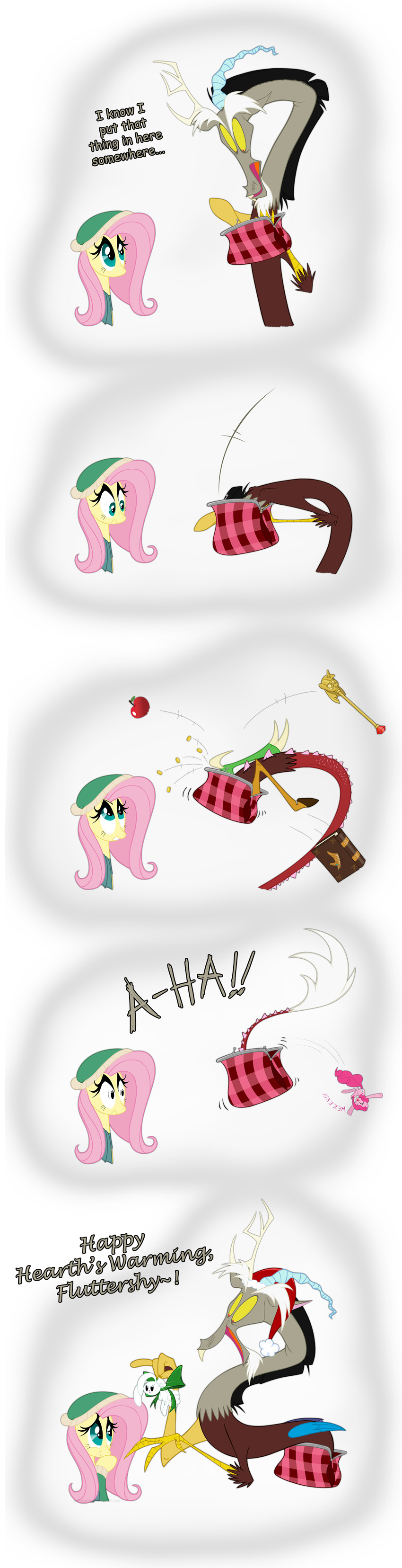 angel_(mlp) antler antlers apple bad blue_eyes book bow christmas coin comic dialog discord_(mlp) draconequus duo english_text equine female fluttershy_(mlp) friendship_is_magic fruit gold grievousfan hair hat holidays horn horse male mammal money my_little_pony pink_hair pinkie_pie_(mlp) pony red_eyes santa_hat scepter text winter_hat
