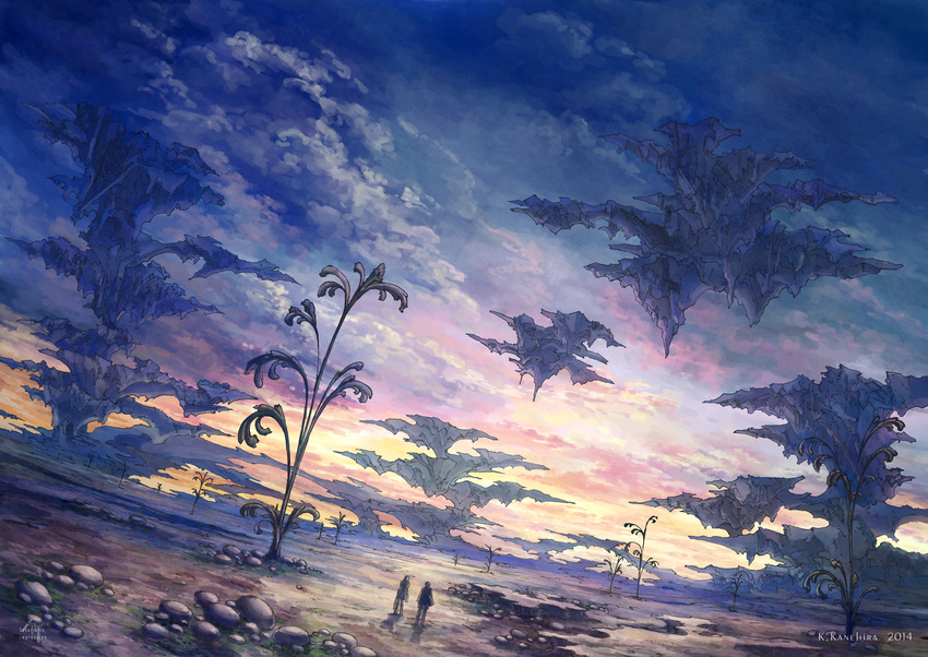 1girl artist_name cloud dutch_angle fantasy floating_island highres k_kanehira landscape original plant rock scenery sky
