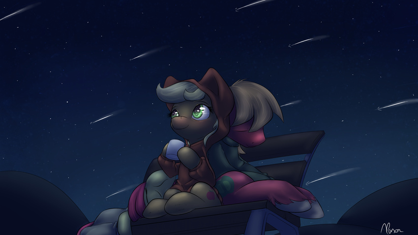 alasou apple_bloom_(mlp) applejack_(mlp) bench big_macintosh_(mlp) blonde_hair brother_and_sister clothing cup cutie_mark equine eyes_closed female friendship_is_magic green_eyes hair hoodie horse male mammal mountain my_little_pony night outside pony red_hair shooting_stars sibling sisters sky sleeping stars