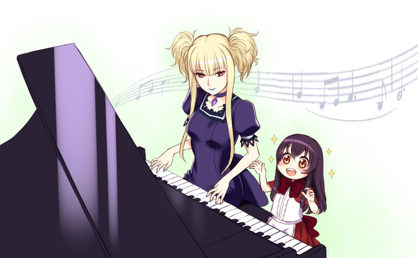 aoki_hagane_no_arpeggio blonde_hair brown_eyes brown_hair choker commentary highres instrument kongou_(aoki_hagane_no_arpeggio) lipstick makeup maya_(aoki_hagane_no_arpeggio) multiple_girls music open_mouth personification piano playing_instrument playing_piano red_eyes ribbon sparkle twintails ww90055 younger