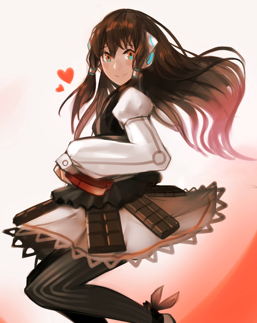 1girl brown_eyes brown_hair chocolate hair_tubes headphones heart highres kky kokone_(vocaloid) long_hair long_sleeves pantyhose patterned_legwear pinstripe_pattern puffy_long_sleeves puffy_sleeves skirt sleeve_garters smile socks striped striped_legwear vertical-striped_legwear vertical_stripes vocaloid