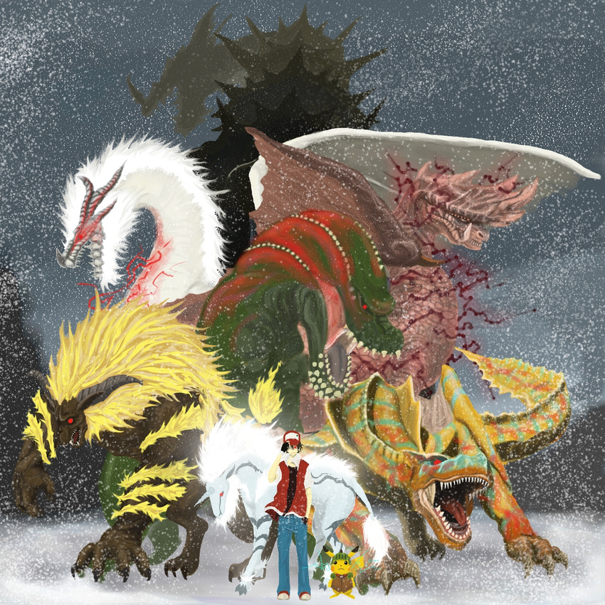 alatreon annotated arm_at_side baseball_cap black_gloves black_hair blue_pants clothed_pokemon crossover deviljho drawtwo fatalis fingerless_gloves gen_1_pokemon gloves grey_sky hair_between_eyes hand_on_headwear hat highres kirin_(monster_hunter) lao-shan_lung looking_at_viewer monster monster_hunter outdoors pants pikachu pokemon pokemon_(creature) pokemon_(game) rajang red_(pokemon) red_eyes red_hat shoes short_sleeves side-by-side snow snowing standing tigrex white_fatalis