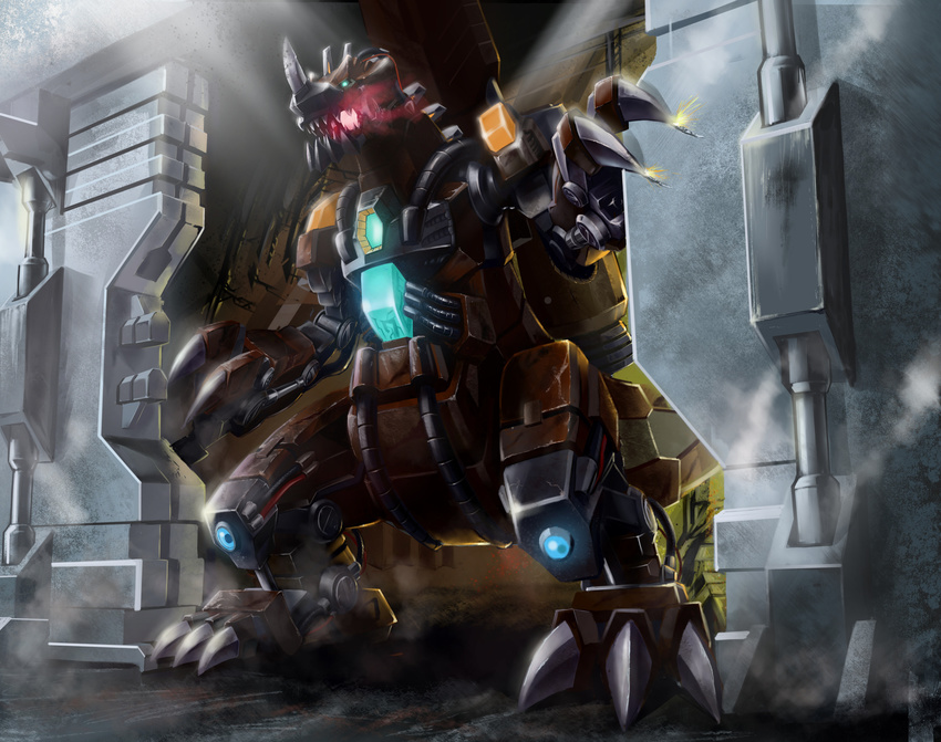 cable claws digimon dinosaur dk_(13855103534) glowing glowing_eye highres horn hose mecha no_humans open_mouth rusttyranomon sharp_teeth solo sparks teeth