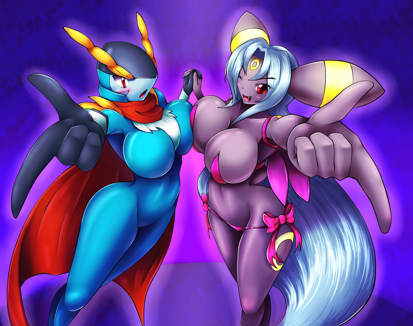 5_fingers abstract_background anthro anthrofied big_breasts black_fur blush bow breasts cape chest_tuft cleavage clothed clothing cobalion day-t eeveelution eyelashes female fur gloves hair hand_holding legendary_pok&#233;mon legendary_pok&eacute;mon long_hair looking_at_viewer navel nintendo open_mouth pointing pok&#233;mon pok&eacute;mon red_eyes skimpy smile standing tongue tuft umbreon video_games