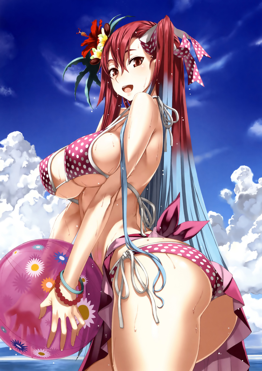 :d absurdres arched_back ass ball bangle beach beachball bikini blue_hair blush bracelet breasts cloud day flower gradient_hair hair_flower hair_ornament hair_ribbon hibiscus highres holding holding_ball honjou_raita jewelry large_breasts long_hair looking_at_viewer multicolored_hair ocean open_mouth outdoors polka_dot polka_dot_bikini polka_dot_swimsuit red_eyes red_hair ribbon riela_marcellis scan senjou_no_valkyria senjou_no_valkyria_3 side-tie_bikini side_ponytail skindentation sky smile solo strap_gap swimsuit twisted_torso water wet