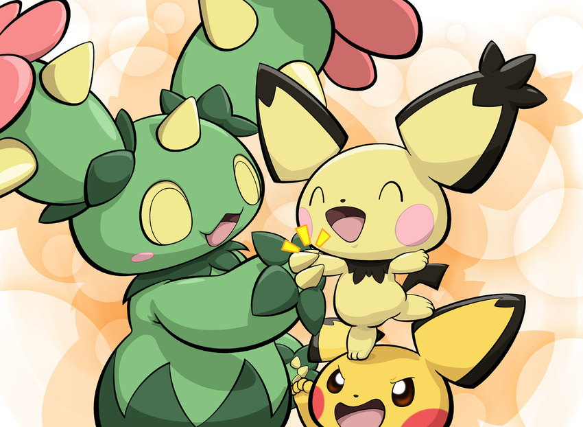 brown_eyes closed_eyes flower gen_2_pokemon gen_5_pokemon horn maractus no_humans open_mouth pichu pokemon pokemon_(creature) smile standing_on_head ten_(ten_nekosupi) thorns yellow_eyes