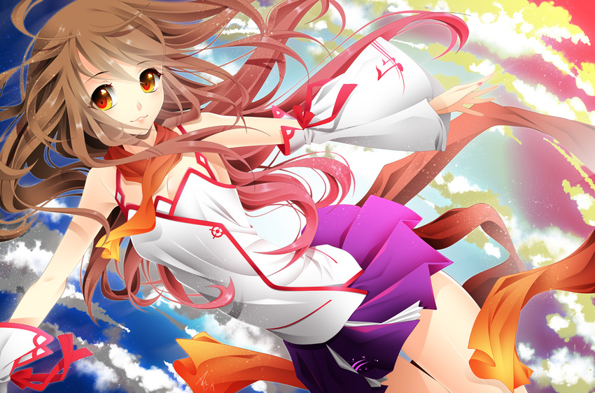 brown_eyes brown_hair detached_sleeves kokone_(vocaloid) l-edogawa long_hair mismatched_sleeves pleated_skirt red_scarf scarf skirt solo vocaloid