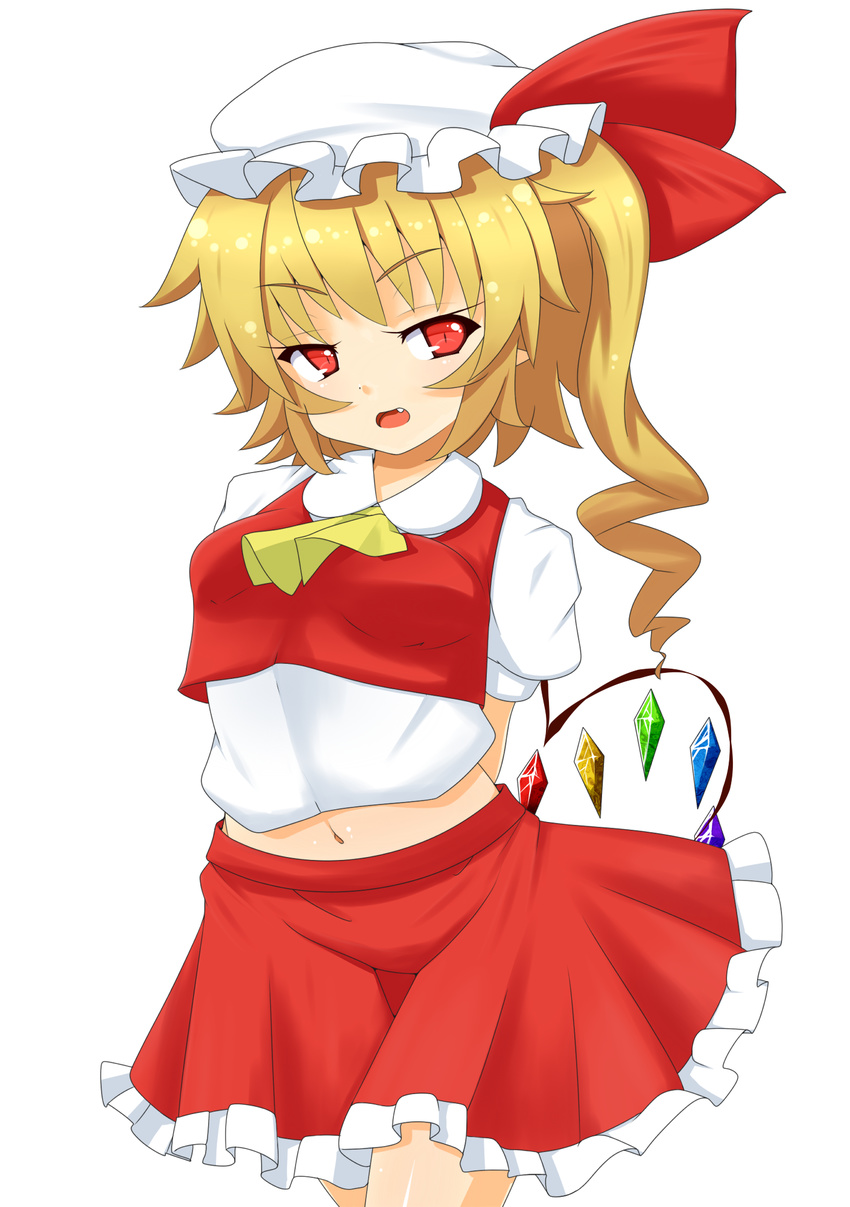 ascot blonde_hair blush breasts fang flandre_scarlet hat highres himenomikan midriff navel open_mouth red_eyes short_hair side_ponytail simple_background skirt skirt_set small_breasts smile solo touhou white_background wings