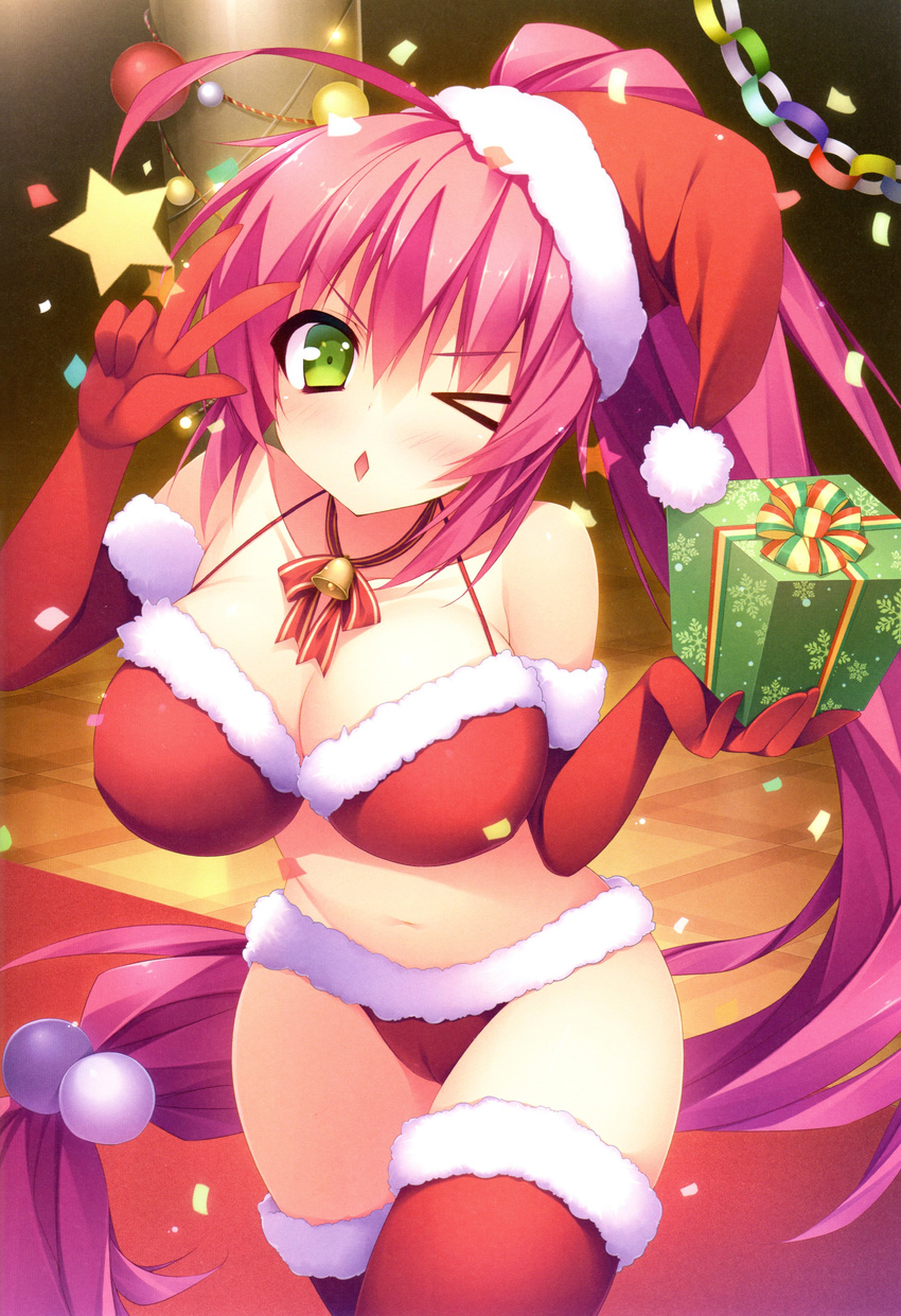 :&lt;&gt; ;o absurdres ahoge anapom aono_nanaka bare_shoulders bell bell_collar bikini blush breasts cameltoe christmas cleavage collar collarbone confetti elbow_gloves fur-trimmed_bikini fur_trim gift gloves green_eyes hair_bobbles hair_ornament halterneck hat highres large_breasts long_hair navel one_eye_closed pink_hair ponytail red_gloves red_legwear santa_costume santa_hat shukufuku_no_kane_no_oto_wa_sakura-iro_no_kaze_to_tomo_ni solo star swimsuit thighhighs v very_long_hair