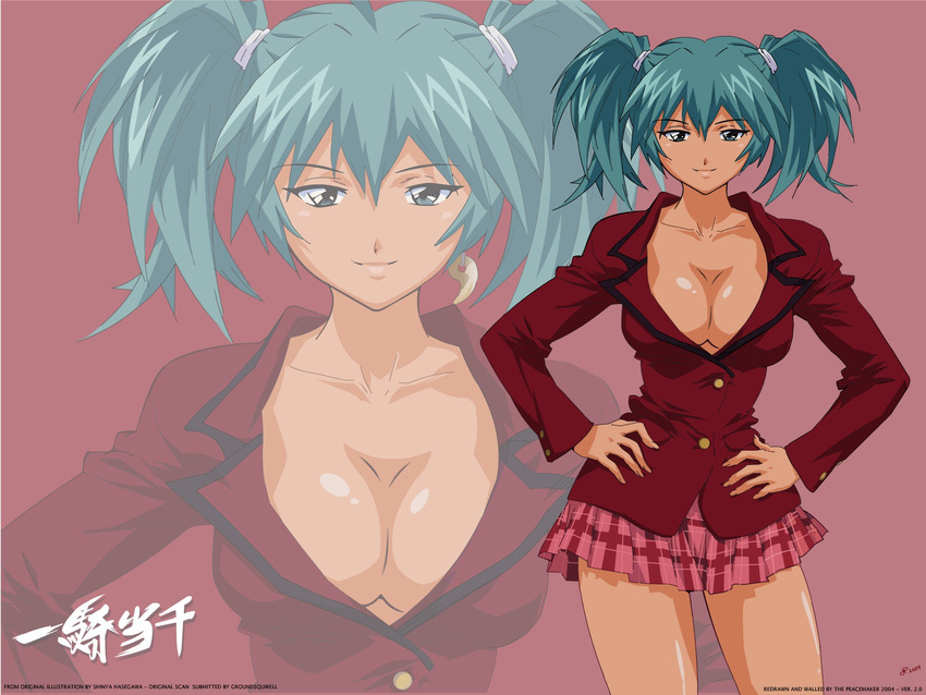 ahoge aqua_eyes aqua_hair bangs blazer breasts buttons cleavage closed_mouth collarbone copyright_name cowboy_shot dated earrings hair_between_eyes hair_tie hands_on_hips hasegawa_shin'ya highres hips ikkitousen jacket jewelry jpeg_artifacts large_breasts light_smile logo long_sleeves looking_at_viewer magatama magatama_earrings medium_breasts miniskirt no_bra official_art pink_background pink_skirt pleated_skirt pocket red_jacket ryofu_housen school_uniform shiny shiny_hair shiny_skin short_hair short_twintails signature simple_background single_earring skirt smile solo standing tan twintails wallpaper watermark zoom_layer