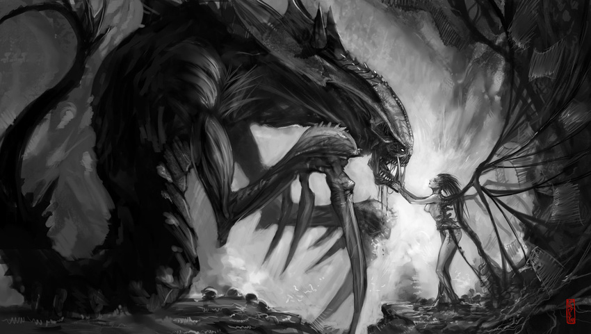 alien greyscale hector_enrique_sevilla_lujan highres monochrome monster sarah_kerrigan starcraft wings zerg_(starcraft) zerg_hydralisk