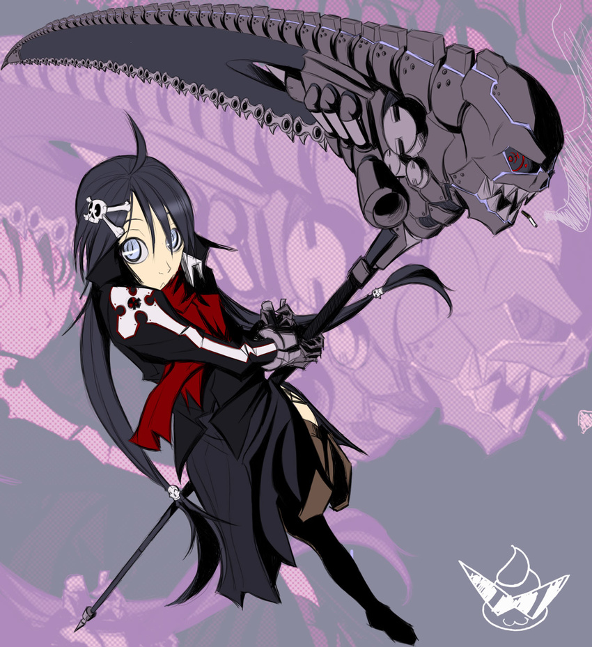 ahoge black_gloves black_hair blue_eyes chainsaw cigarette concept_art crazy_eyes fearless_night fernandez_(fearless_night) gloves hair_ornament highres huge_weapon long_coat long_hair poco_muerte red_eyes scarf scythe skull_hair_ornament solo spike_wible twintails very_long_hair weapon zoom_layer