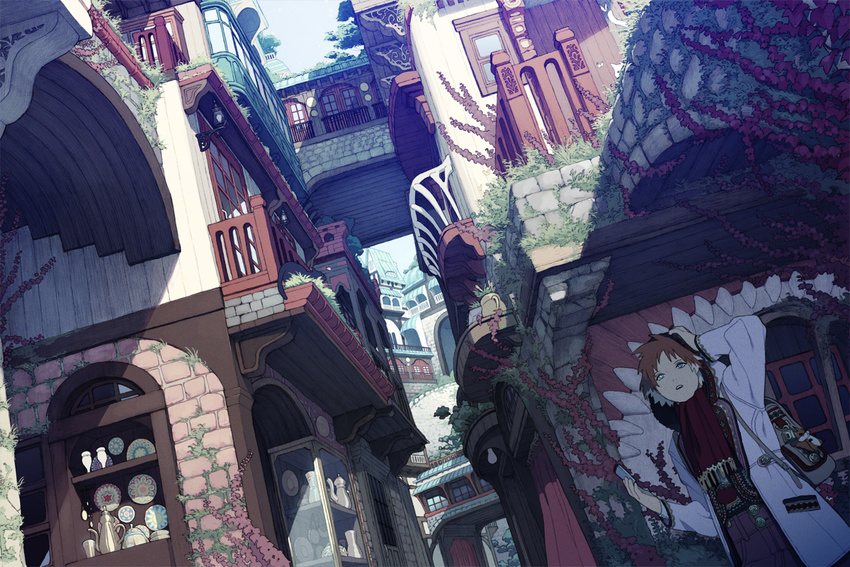 architecture bag blue_eyes building city cup dutch_angle east_asian_architecture flower_pot honya_lala hood multicolored_hair original plant plate red_hair robe scenery sunlight teacup teapot vines white_hair window
