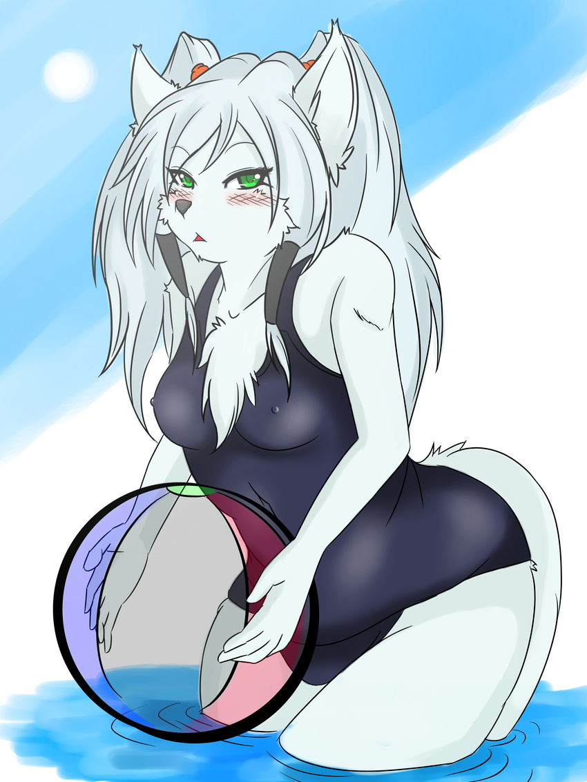 black_nose blush breasts canine cat chest_tuft erect_nipples eyebrows eyelashes feline female fur green_eyes hair long_hair looking_at_viewer mammal nipples open_mouth small_breasts solo swimsuit tuft water white_fur white_hair yus-ts