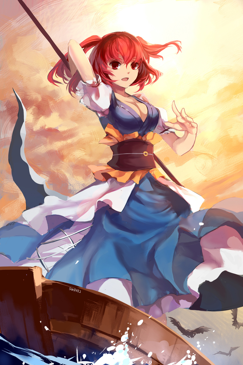 arm_up bad_id bad_pixiv_id belt bird blue_dress boat breasts cleavage coin crow dress highres large_breasts layered_dress looking_at_viewer onozuka_komachi open_mouth puffy_sleeves red_eyes red_hair sash scythe short_sleeves solo sunset swd3e2 touhou two_side_up water watercraft white_dress