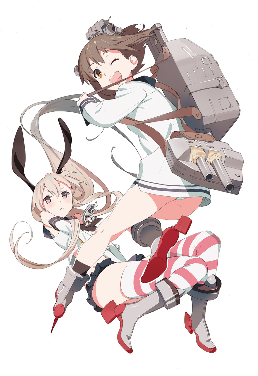 annoyed bare_shoulders blonde_hair brown_eyes brown_hair dress highres kantai_collection long_hair looking_at_viewer multiple_girls one_eye_closed open_mouth panties sailor_dress shimakaze_(kantai_collection) shinjiro short_hair simple_background smile striped striped_legwear thighhighs underwear white_background yukikaze_(kantai_collection)