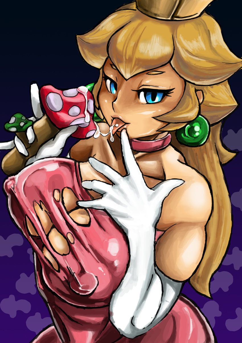 1girl absurdres blonde_hair blue_eyes breasts cleavage collar crown dress earrings egsdaisuki elbow_gloves gloves highres huge_breasts jewelry long_hair mario_(series) mushroom naughty_face nintendo princess princess_peach sexually_suggestive shoulders smile solo super_mario_bros. tongue tongue_out torn_clothes