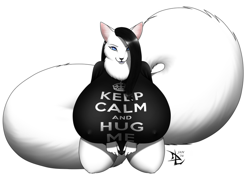 big_breasts big_tail black_hair blue_eyes breasts cat clothing eclipse_(character) feline female fur hair huge_breasts hyper hyper_breasts lesang looking_at_viewer mammal nipples shirt smile text white_fur