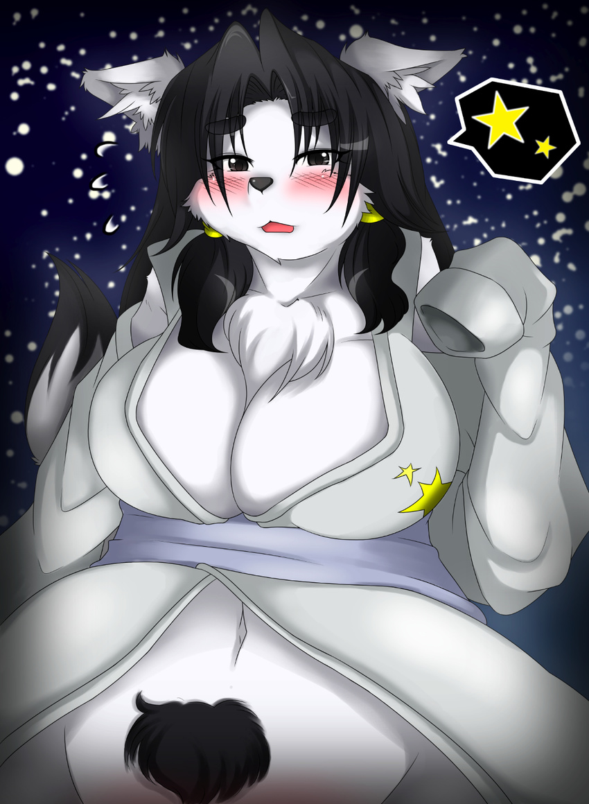 big_breasts black_eyes black_hair black_nose blush breasts canine chest_tuft clothing eyebrows eyelashes female fox fur hair japanese_clothing kimono long_hair looking_at_viewer mammal open_mouth pubes solo tuft white_fur yus-ts
