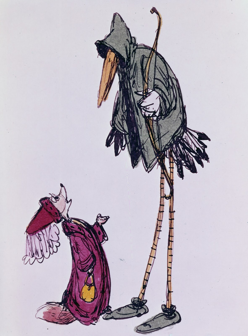 canine fox hood ken_anderson long_legs mammal purse robin_hood_(disney) size_difference stork