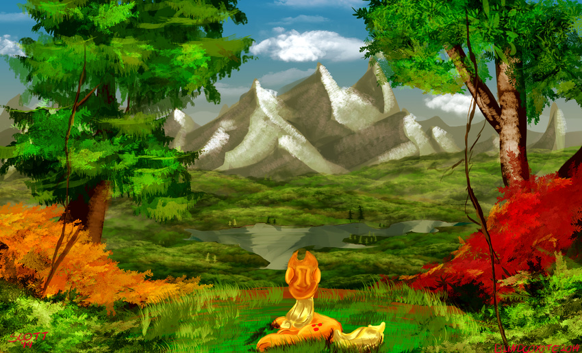 absurd_res amazing_background applejack_(mlp) back_turned blindcoyote blonde_hair cloud clouds cutie_mark equine female foliage friendship_is_magic fur grass hair hat hi_res hooves horse lake long_hair lying mammal mane mountain my_little_pony on_side orange_fur outside pony reflection signature sky solo tree water