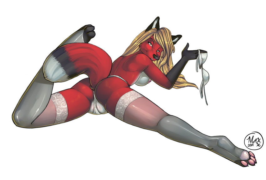 2014 anthro blonde_hair bra breasts butt canine female fox hair long_hair looking_at_viewer maxxmissions nipples nude presenting presenting_hindquarters smile solo thong underwear
