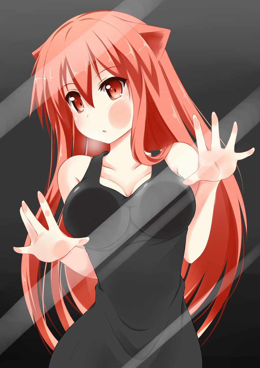 against_fourth_wall against_glass animal_ears bare_arms bare_shoulders black_dress breast_press breasts breasts_on_glass cat_ears catstudioinc_(punepuni) cheek_press cleavage collarbone dress fourth_wall highres large_breasts long_hair original phone_wallpaper puni_(miku_plus) red_eyes red_hair reflection sleeveless sleeveless_dress solo very_long_hair