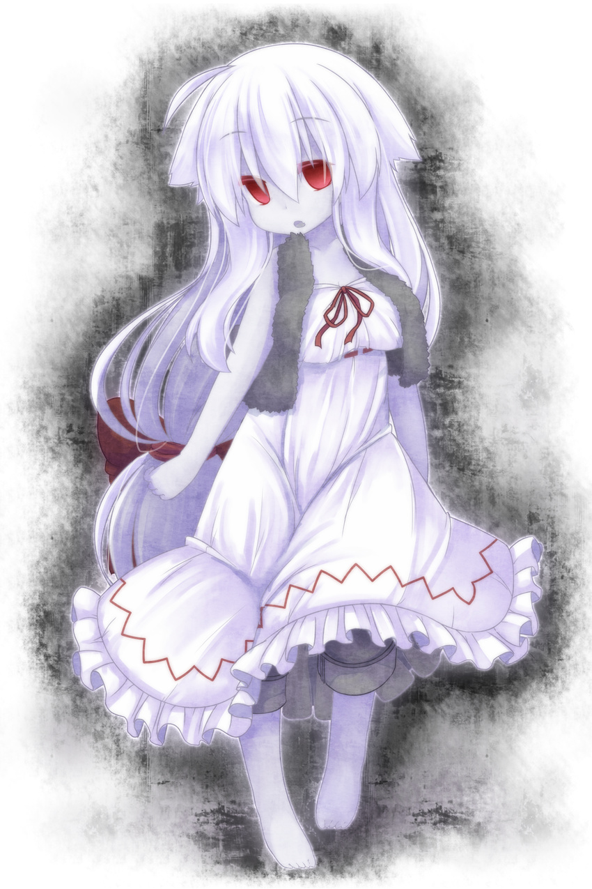 ahoge bad_id bad_pixiv_id barefoot dress empty_eyes eyebrows_visible_through_hair frilled_dress frills full_body highres long_hair looking_at_viewer low-tied_long_hair nightmare_cat open_mouth pants pixiv_mahou_gakuen red_eyes solo very_long_hair white_dress white_hair white_skin