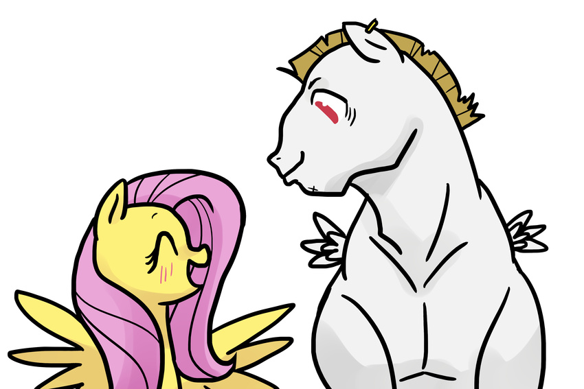 blush bulk_biceps_(mlp) duo ear_piercing earing equine eyes_closed female fluttershy_(mlp) friendship_is_magic fur hair hi_res horse kilala97 long_hair male mammal muscles my_little_pony open_mouth pegasus piercing pink_hair plain_background pony red_eyes smile white_background white_fur wings yellow_fur