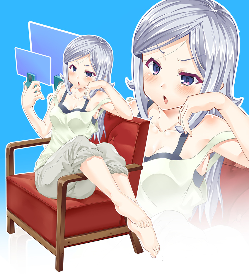 :o aila_jyrkiainen bare_shoulders barefoot blue_background blush breasts chair cleavage ekakibito feet floating_screen gundam gundam_build_fighters highres long_hair medium_breasts pants pants_rolled_up purple_eyes silver_hair simple_background sitting sitting_sideways solo strap_slip tank_top zoom_layer
