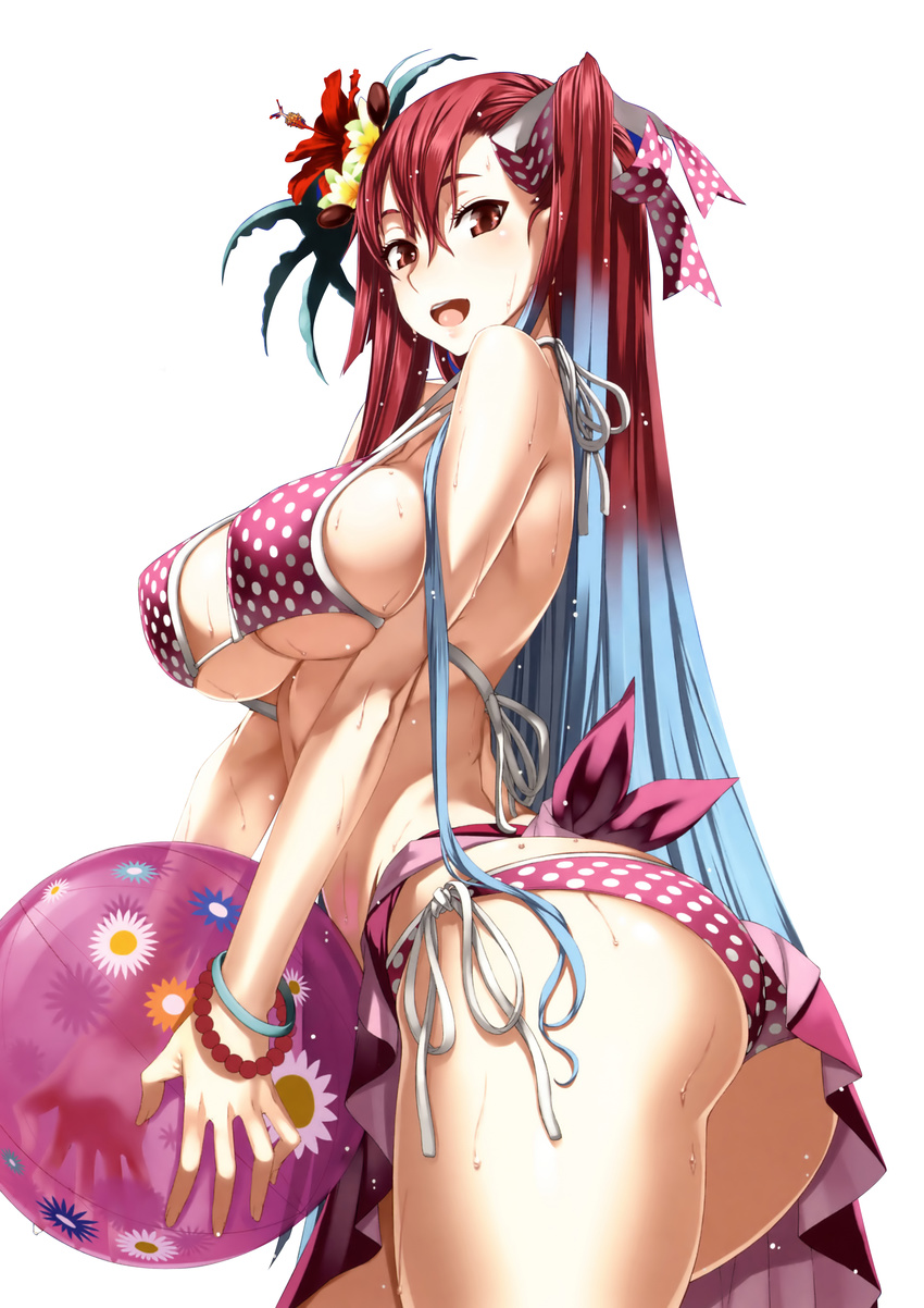 absurdres bikini breasts brown_eyes hair_ribbon highres holding honjou_raita large_breasts looking_at_viewer multicolored_hair open_mouth red_hair ribbon riela_marcellis see-through senjou_no_valkyria senjou_no_valkyria_3 side-tie_bikini sideboob silver_hair simple_background solo swimsuit twisted_torso two-tone_hair underboob white_background