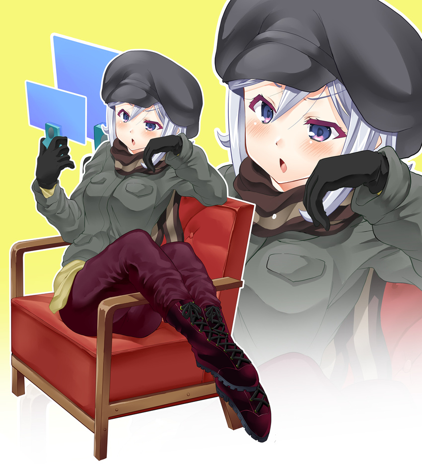 :o aila_jyrkiainen blush boots breasts chair coat ekakibito floating_screen gloves gundam gundam_build_fighters hat highres long_hair long_sleeves medium_breasts purple_eyes scarf silver_hair simple_background sitting sitting_sideways solo yellow_background zoom_layer