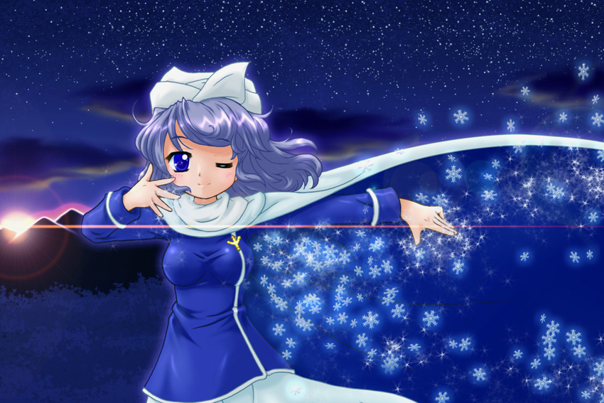 blouse blue_eyes brooch cape hand_up hat jewelry lens_flare letty_whiterock light_smile looking_at_viewer mountain one_eye_closed outstretched_arm purple_hair sky snowflakes solo star_(sky) starry_sky sunset touhou touryuu_fuuki