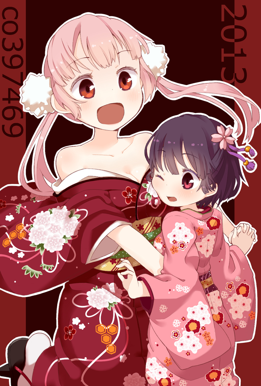 :d bare_shoulders black_hair blush breasts cheek-to-breast cleavage collarbone flower hair_flower hair_ornament highres holding_hands japanese_clothes kimono kimono_pull medium_breasts muku_(muku-coffee) multiple_girls one_eye_closed open_mouth original pink_hair red_eyes sandals shiki_(muku) smile tachibana_hinano twintails