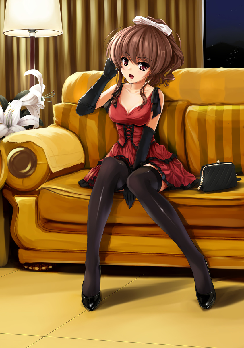 absurdres bag between_legs black_legwear blush bow breasts brown_hair cleavage couch dress elbow_gloves flower gloves hair_bow hanamiya_nagisa hand_between_legs handbag highres lamp lily_(flower) long_hair medium_breasts sitting smile solo thighhighs ushinawareta_mirai_wo_motomete yumemi_(kiowa) zettai_ryouiki