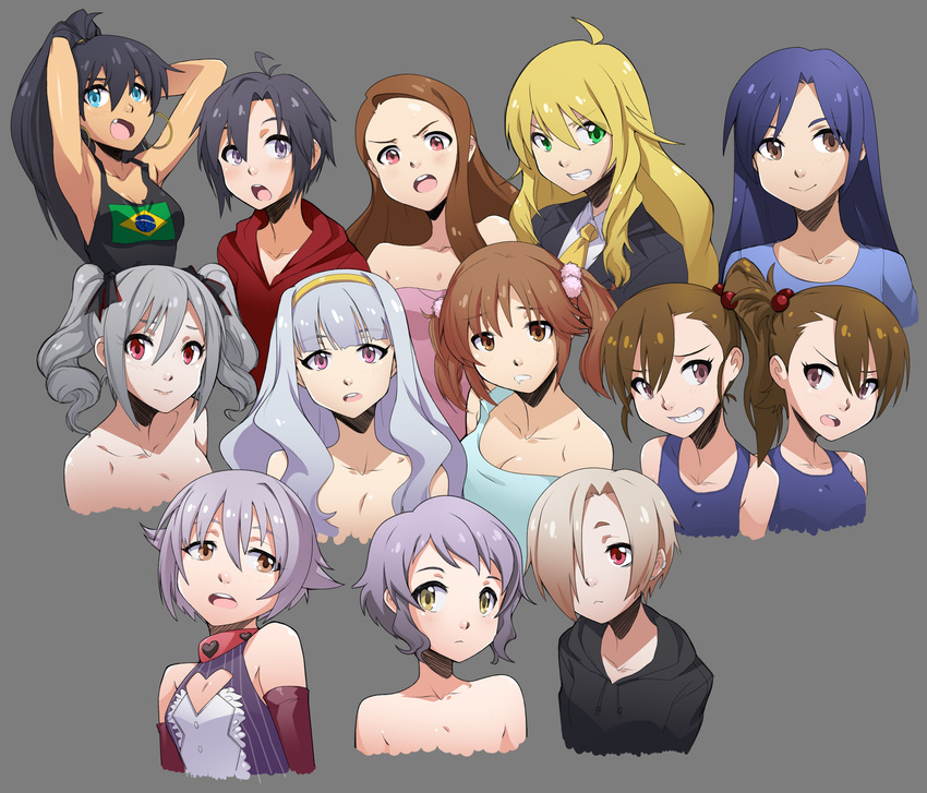 antenna_hair armpits asymmetrical_hair black_hair blue_eyes blue_hair blush brazilian_flag breasts brown_eyes brown_hair cleavage collage collar drill_hair earrings elbow_gloves fang forehead futami_ami futami_mami ganaha_hibiki gloves grey_background grin hair_bobbles hair_ornament hair_over_one_eye hair_ribbon heart highres hood hoodie hoop_earrings hoshii_miki idolmaster idolmaster_(classic) idolmaster_cinderella_girls jewelry kanzaki_ranko kikuchi_makoto kisaragi_chihaya koshimizu_sachiko long_hair makabe_mizuki medium_breasts minase_iori multiple_girls necktie nude one-piece_swimsuit ponytail purple_eyes red_eyes revision ribbon school_swimsuit shijou_takane shirasaka_koume short_hair siblings side_ponytail silver_hair sisters small_breasts smile spike_wible swimsuit textless totoki_airi twin_drills twins twintails upper_body yellow_eyes