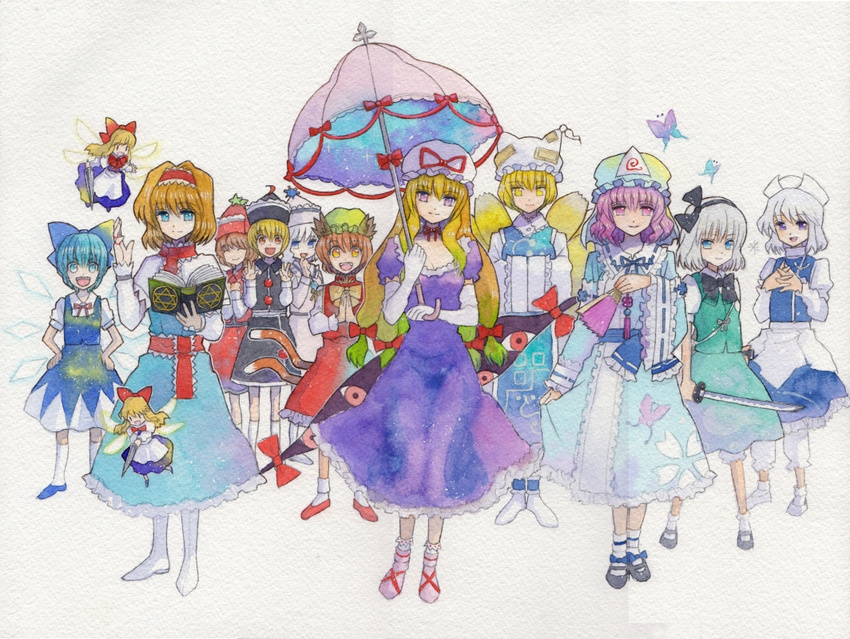 alice_margatroid amano_miyabi animal_ears bad_id bad_pixiv_id blonde_hair blue_eyes blue_hair book bow brown_eyes brown_hair bug butterfly cat_ears cat_tail chen cirno dual_wielding fox_ears fox_tail gap hair_bow hair_tubes hairband hat hat_bow holding ice ice_wings insect konpaku_youmu letty_whiterock lunasa_prismriver lyrica_prismriver merlin_prismriver multiple_girls parasol perfect_cherry_blossom pink_eyes pink_hair saigyouji_yuyuko shanghai_doll silver_hair tail touhou triangular_headpiece umbrella white_hair wings yakumo_ran yakumo_yukari yellow_eyes