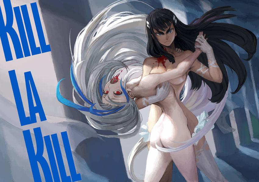 ass black_hair blood blue_eyes blue_hair breasts copyright_name dancing junketsu kill_la_kill kiryuuin_satsuki leaning_back long_hair looking_at_viewer loped medium_breasts multicolored_hair multiple_girls nude open_mouth personification red_eyes scowl thighhighs two-tone_hair vampire white_hair