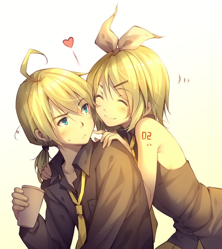1girl ahoge bare_arms bare_shoulders blonde_hair blue_eyes brother_and_sister closed_eyes cup hair_ornament hair_ribbon hairclip heart highres kagamine_len kagamine_rin looking_back poking ponytail ribbon shirt siblings simple_background smile tattoo tidsean vocaloid white_background